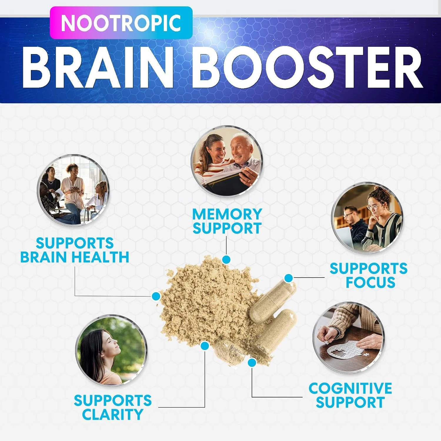 Biocaro OEM/ODM Alpha Brain Capsule L Theanine Focus Concentration Improve Memory Nootropic Capsules Brain Supplement