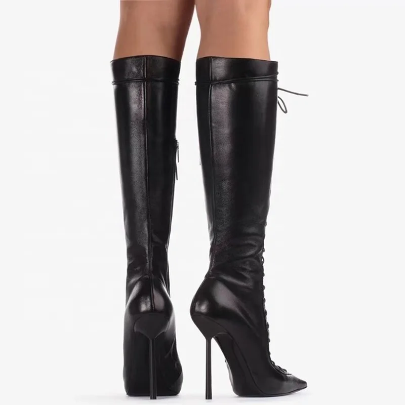 Lace Up Front Cut Out Women Knee High Boots Big Size 44 Solid Stiletto Dress Shoes Slim Heels Side Zipper  Long Boots
