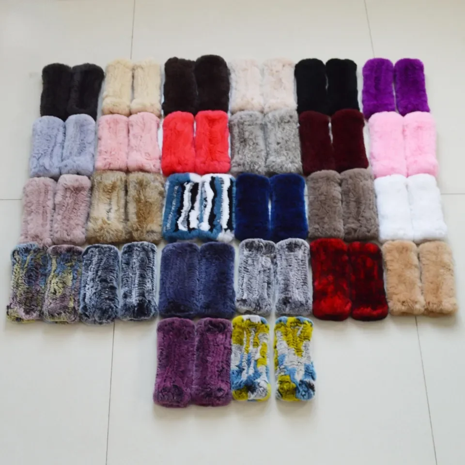 MWFur Fashion Elastic Hand Knitted Winter Warm Girl Fingerless Gloves Rex Rabbit Fur Gloves Mittens For Lady Girls