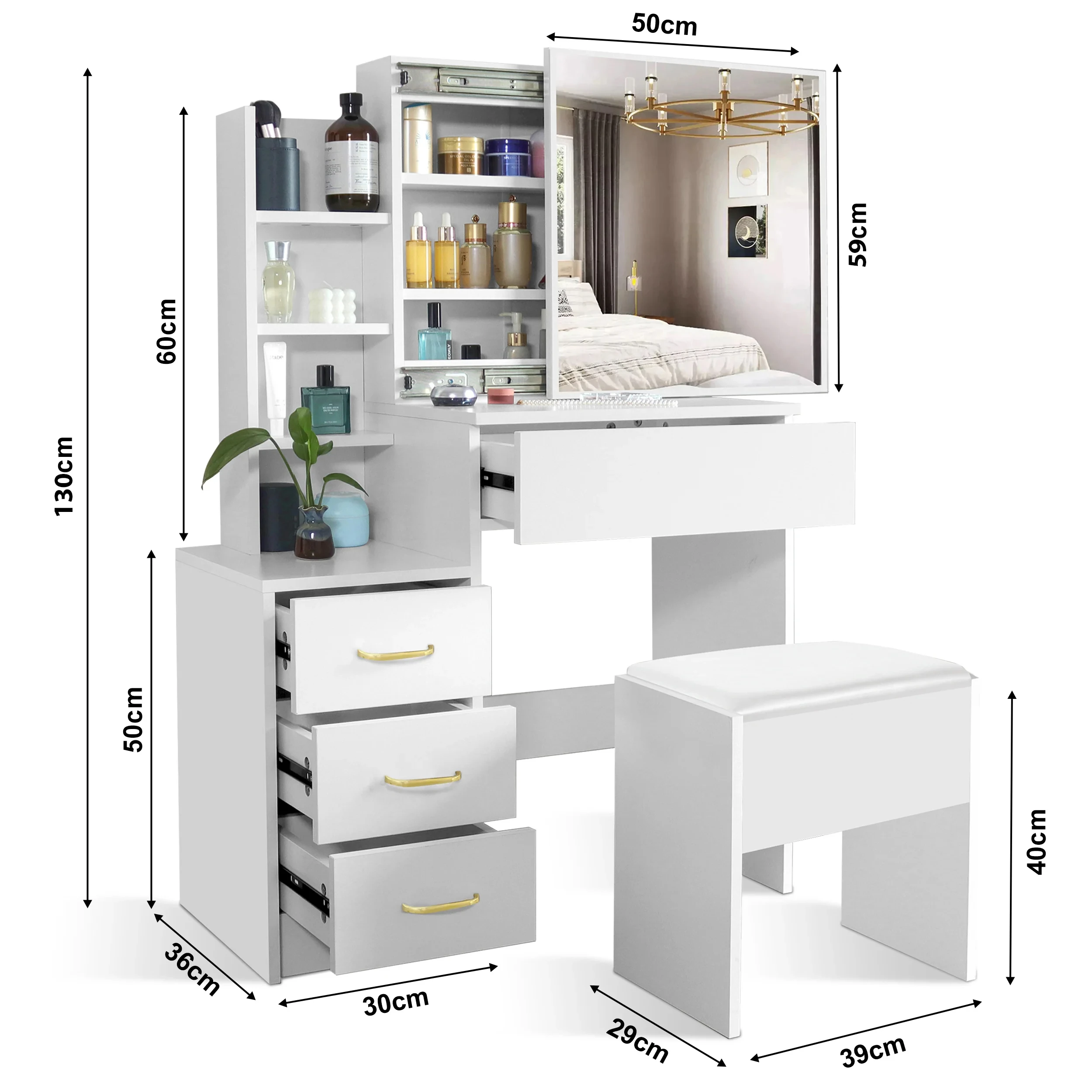 Modern Luxury White MDF Bedroom Makeup Vanity Vanities Furniture Sliding Mirror Drawers Storage Dressing Table Stool for Bedroom