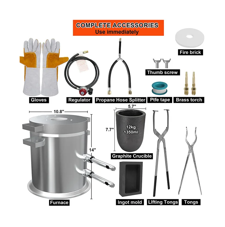 12KG Large Propane Melting Furnace Kit with Two Crucible Tongs, Full Stainless Steel Foundry Kiln Smelting Metal Melting Furnace