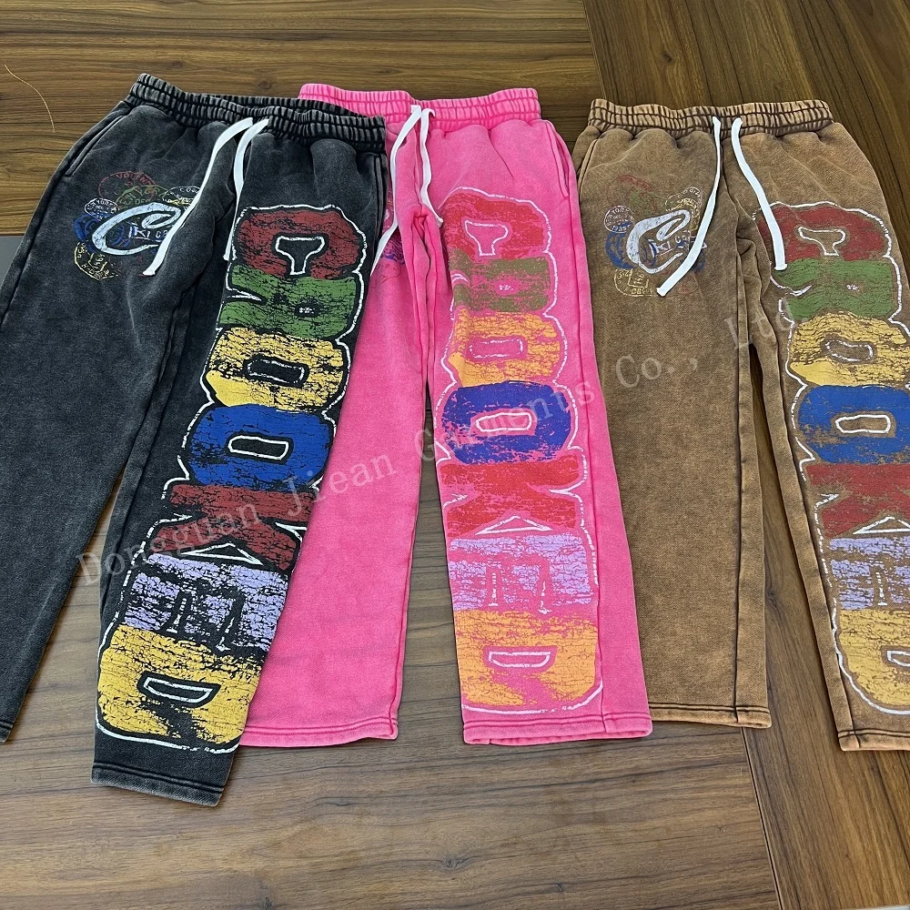 Custom Drawstring Waist Loose Wide Leg Stacked Joggers Flare Sweat Pants Print Acid Wash Sweatpants For Men