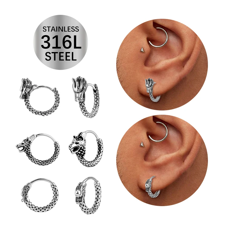 Wholesale Hoop Earrings Men Punk Style Stainless Steel Dragon Gothic Earrings