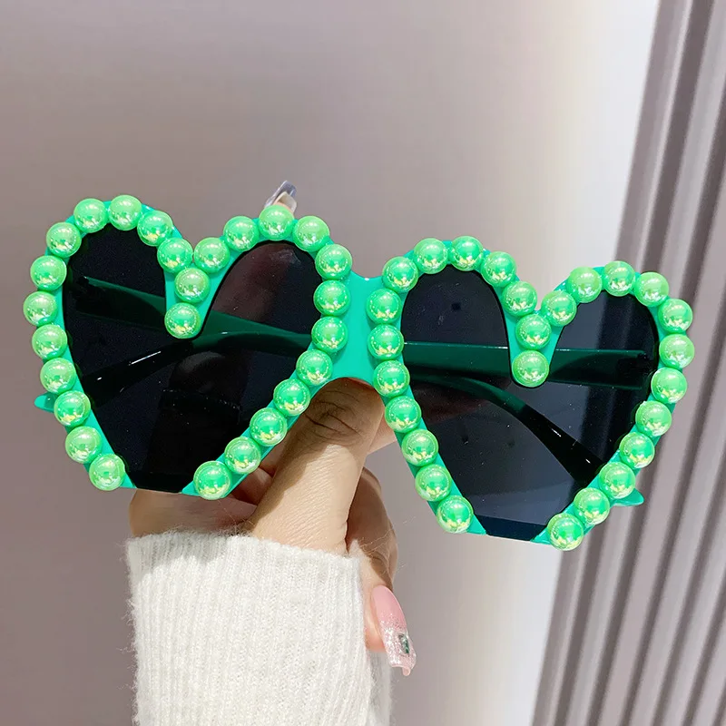 Beach Party Pearl Half Frame Sun Glasses Women Cute Personality Love Heart Punk Eyewear Shades Heart Sunglasses
