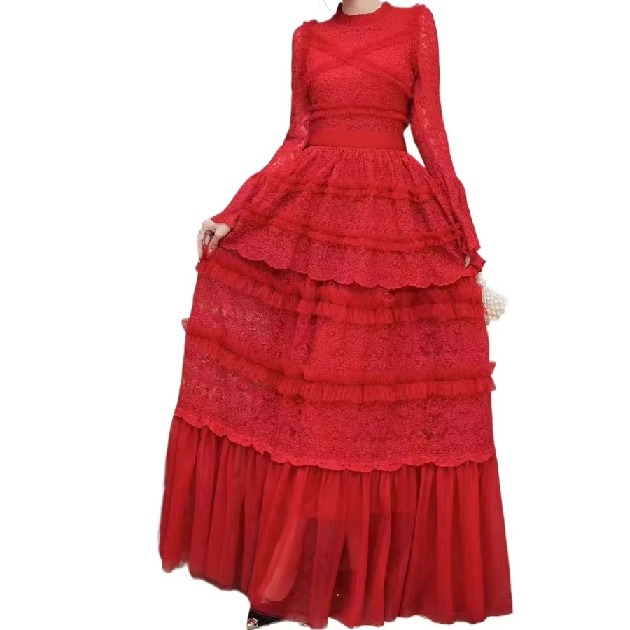Autumn and Winter Socialite Fairy Lace Solid Color Design Bell Sleeve Large Swing Goddess Long Dress Evening