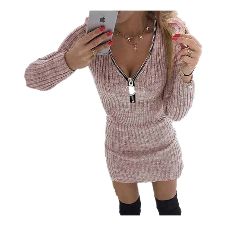 2022 Autumn And Winter Cross-Border Foreign Trade Women Zipper Waist Long-sleeved Knitted Bag Hip Dress