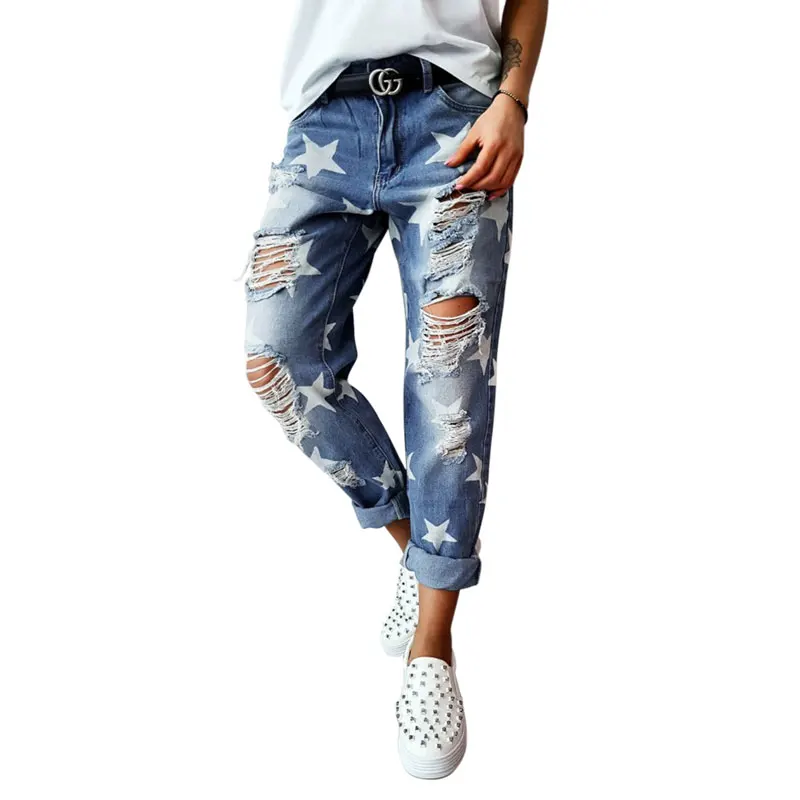 
Fashion Blue Star Ripped Distressed Denim Jeans Women 
