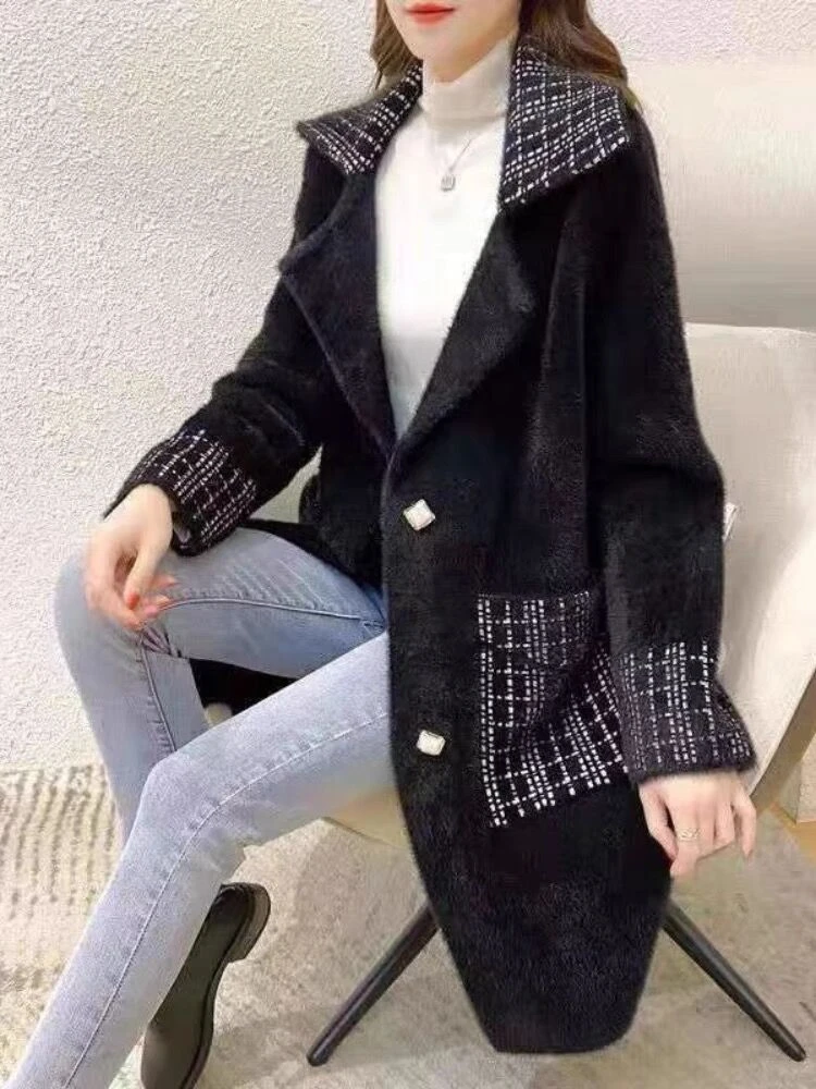 High quality mink fleece mid-length button-up jacket for women Korean version of fashion plus size overcoat loose jacket