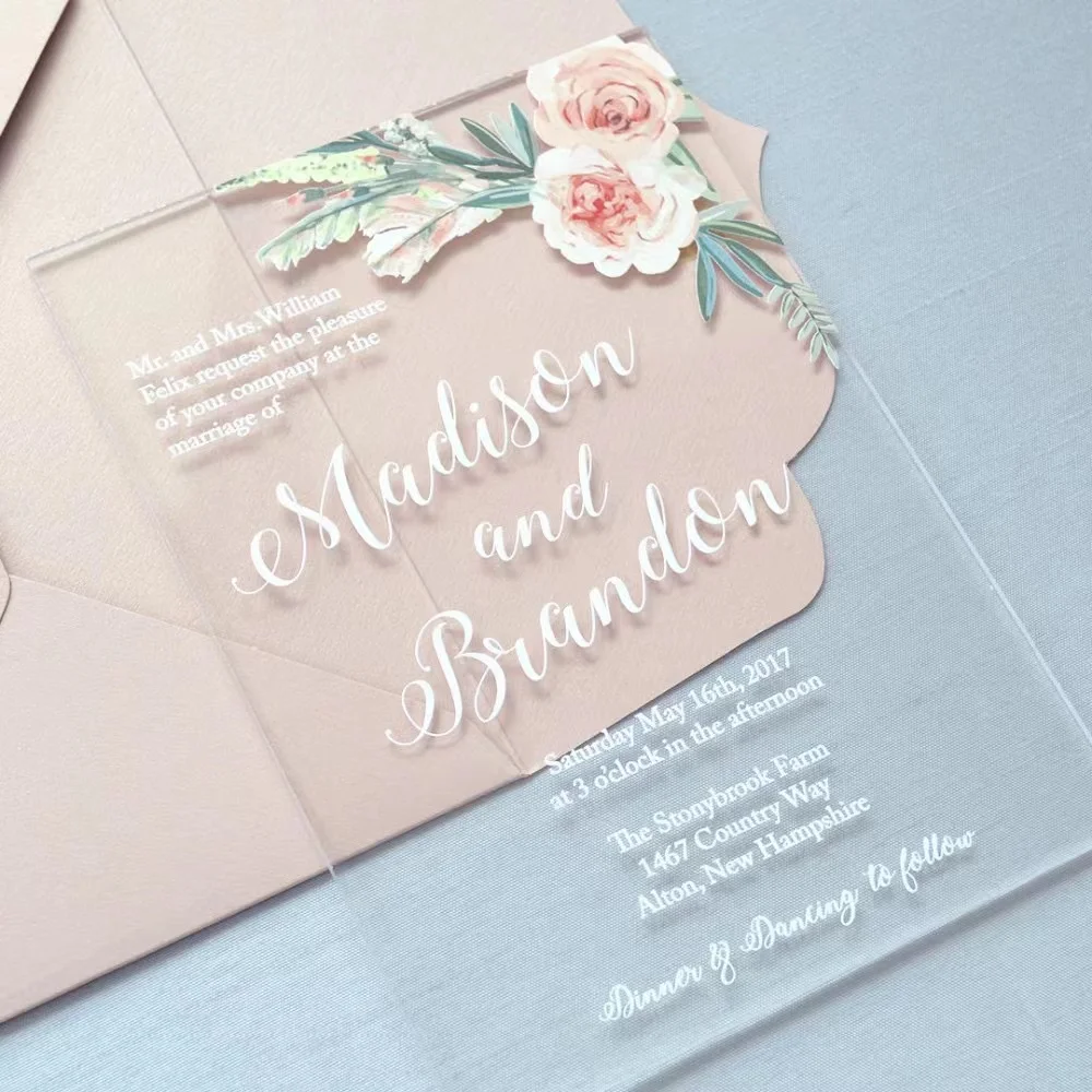 Western wedding invitation card box acrylic gold foil printing a set of card and velvet packaging