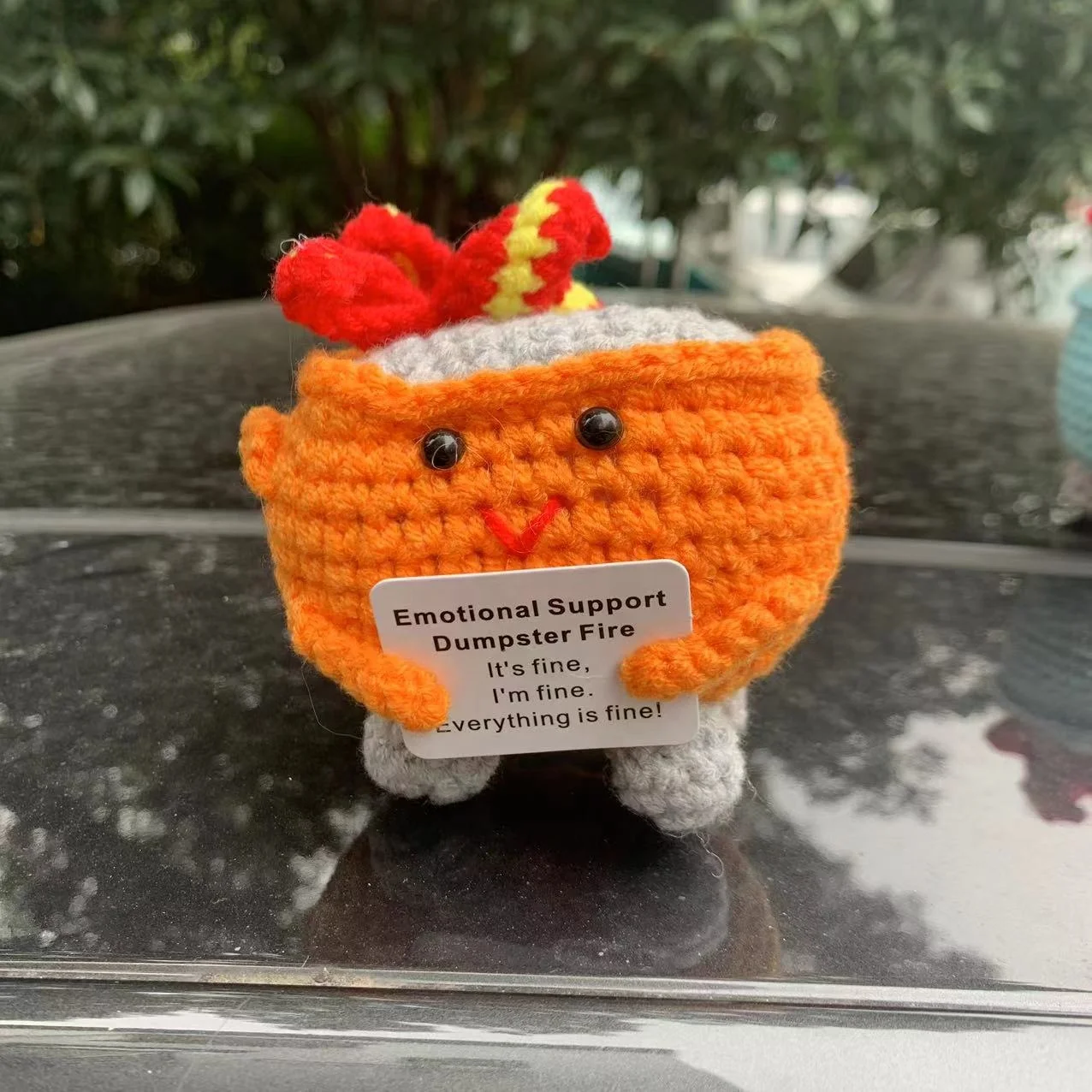 Handmade Knit Decoration. Cute Crochet Fire Extinguisher Box Emotional Support Dumpster Fire Fun, Inspirational Gift Home Decor