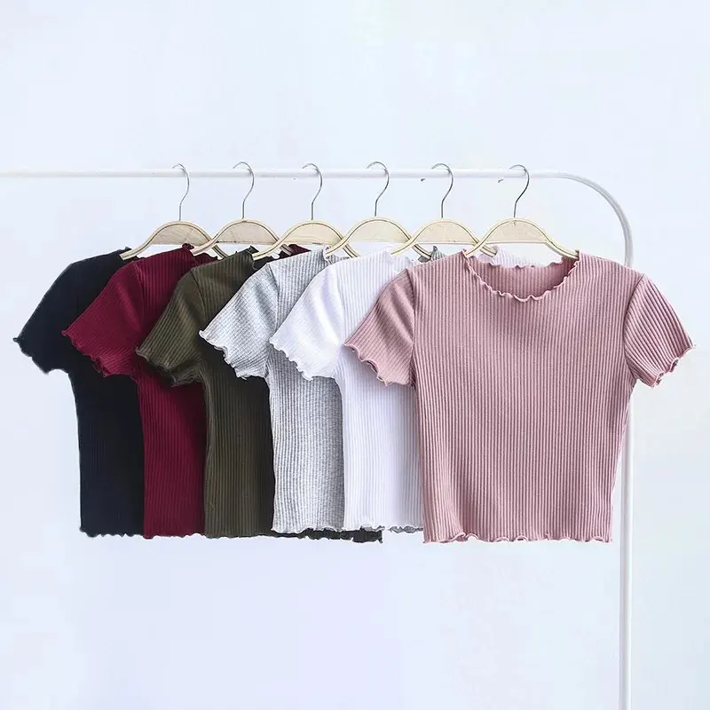 Ladies T-shirt Retro Fungus Round Neck Top Pure Color Sexy Wild Slim Short T-shirt Cropped Top for Women