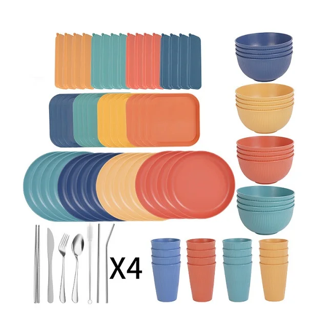 Hot Sale Wheat Straw Tableware 52-Piece Set Dishwasher Safe Tableware Kitchen Outdoor Camping Set