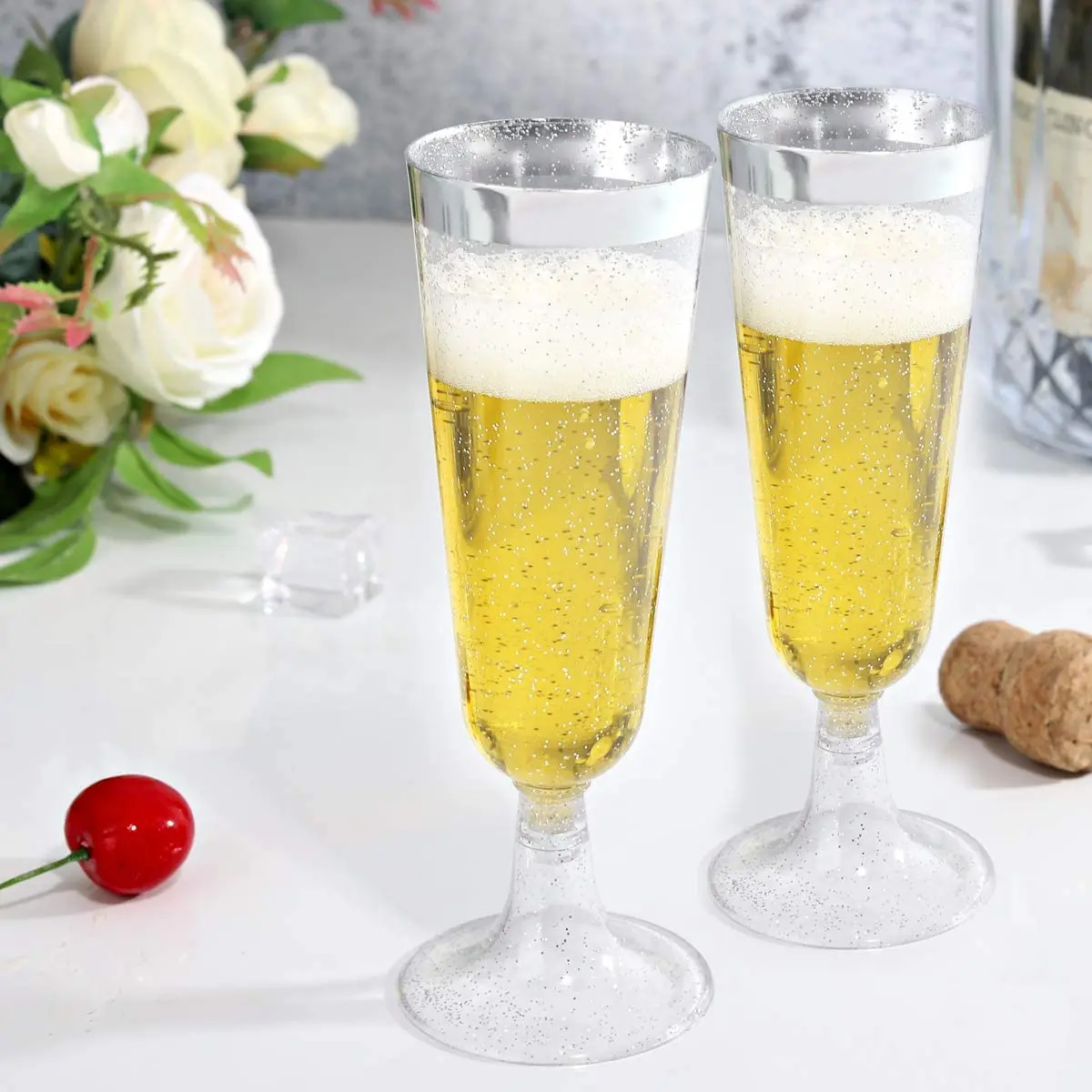Silver Rim glitter Champagne Flutes 4 Oz Disposable Champagne Glasses, Plastic Toasting Glasses for Celebration, Wedding