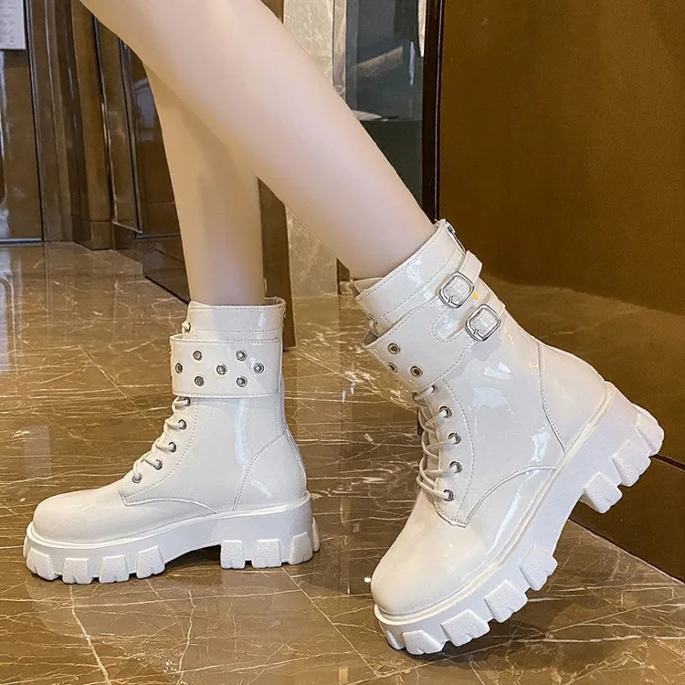Martin Boots Alone Handsome Knight Boots 2022 Autumn European and American New Style Thick-soled Buckle Patent Leather Women PU