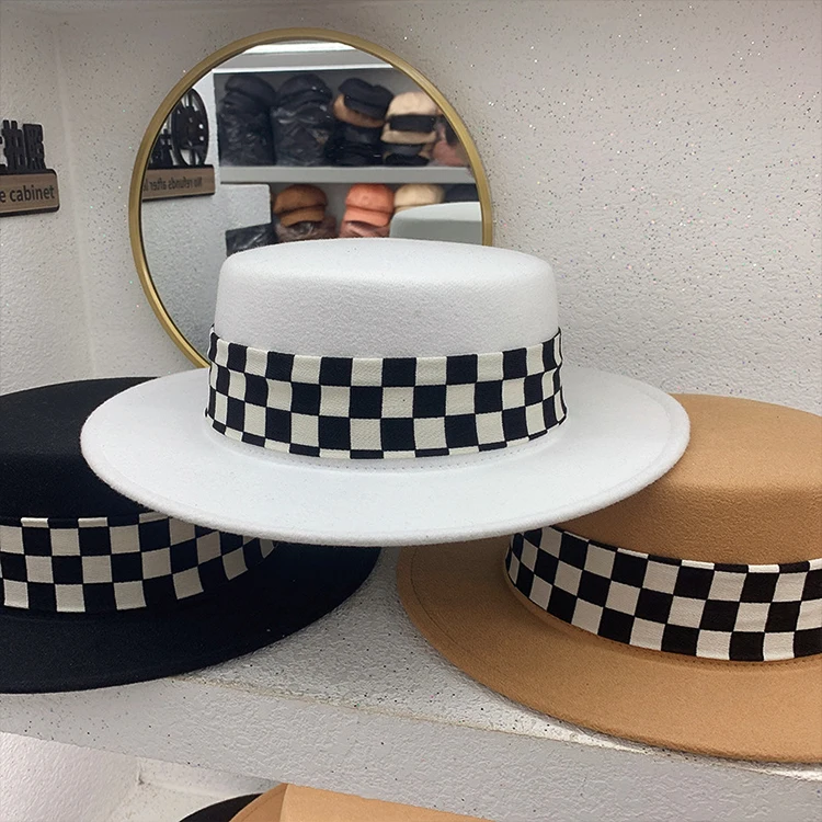 Classic Unisex Wide Brim Formal Hats Flat Top Chessboard Fedora Hat