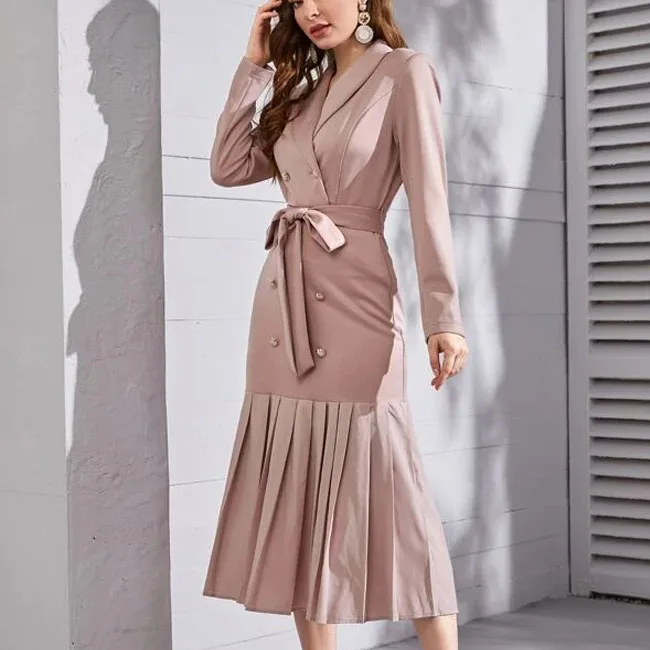2022 New double-breasted shawl collar pleated hem belted waist career suit dress for women