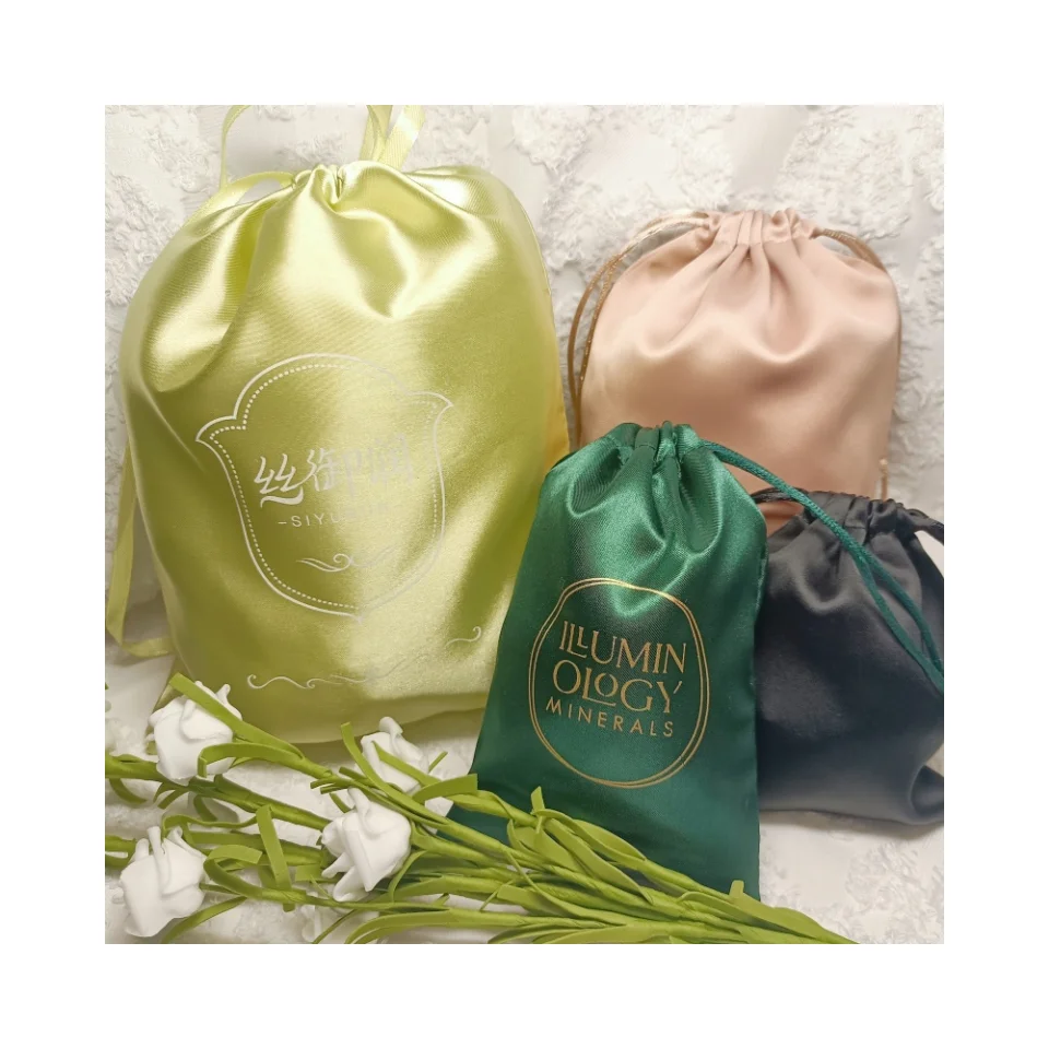 Eco-friendly Jewelry Pouch Large Custom Logo Printing Satin Wig Extension Hair Packaging Bags