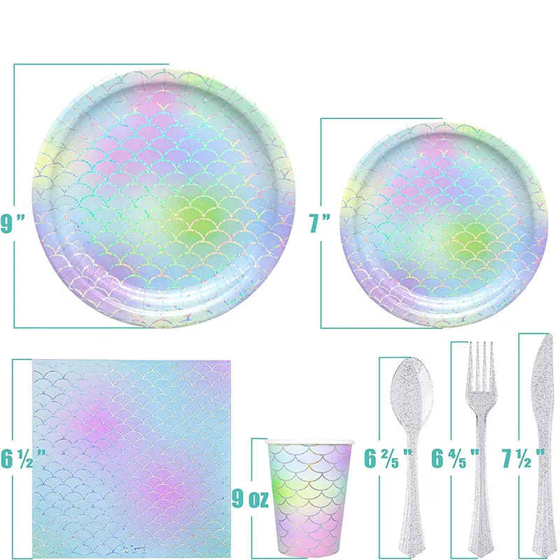 Pafu Mermaid Supplies for 10 People Ocean Party Disposable Dinnerware Girl Birthday Baby Shower All-in-One Party Supplies Set