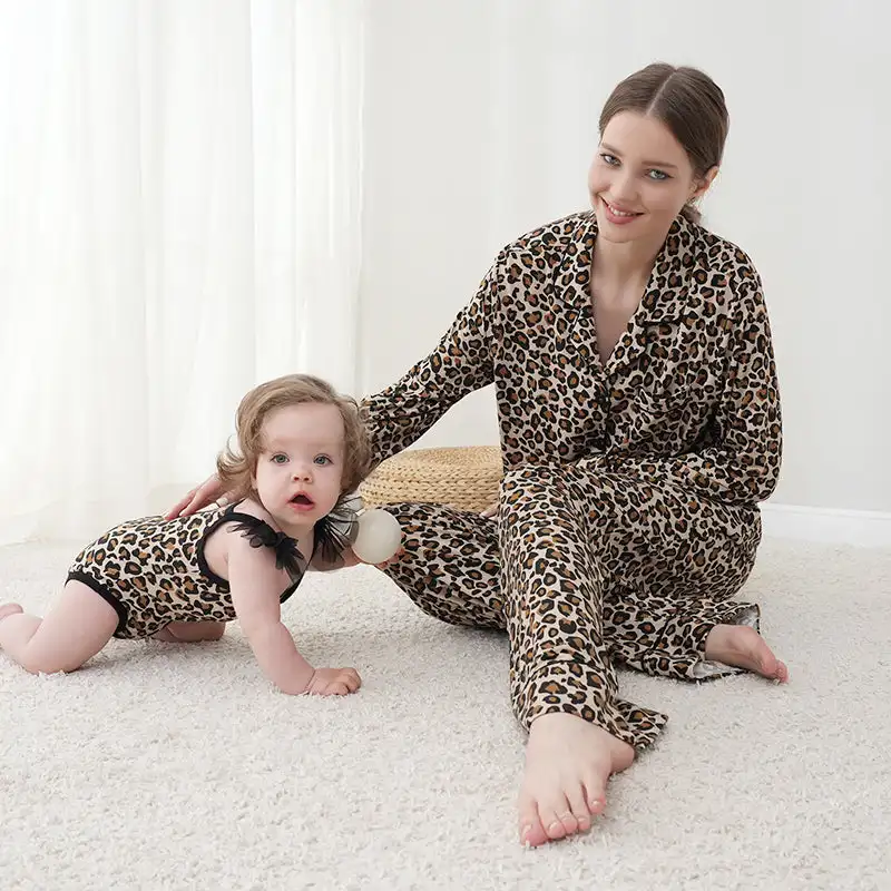 Leopard Baby Clothes Wholesale & Mom Sleepwear Custom Knitted Pajama Sets Family Cotton Pajamas Sets