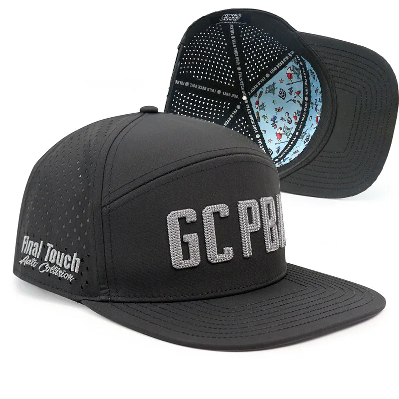 Custom Chain Embroidered logo Flat Perforated Player Hydro 6 Panel Polyester Snapback Applique Sports Caps Performance Golf Hat