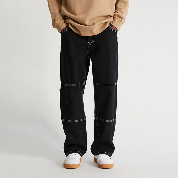 Hot sell  black stone wash Wide-legged pants straight 100% cotton men denim jeans