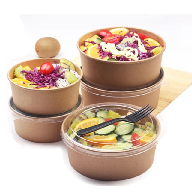 
Cheap Disposable Multi-size Custom Printed Food Grade Kraft Paper Salad Fruit Soup Bowl With PP Lid Wholesale 
