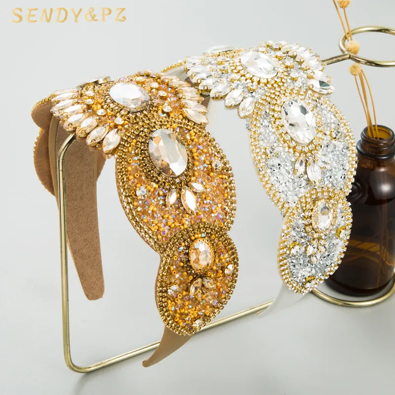Wholesale Luxury Retro Baroque Diamond Crystal Wide Headband Full Rhinestone Elegant Hair Accessories Dance Party Headdress