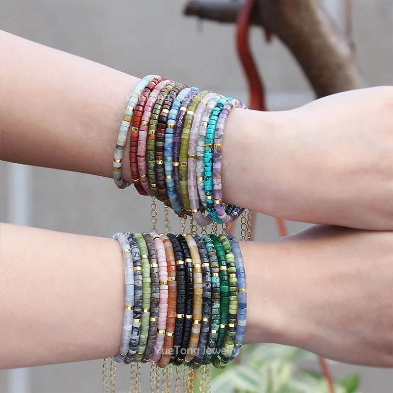 18k Gold PVD Stainless Steel 2x4mm Natural Stone Beads Dainty Bracelet Women Clasp Chain Adjustable Healing Bracelet Wholesale