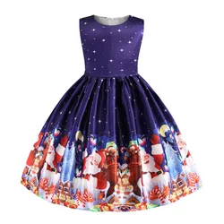 Hot Selling Vintage Dress Girls O-Neck Sleeveless Christmas Santa Claus Print Dresses Costumes For Girls