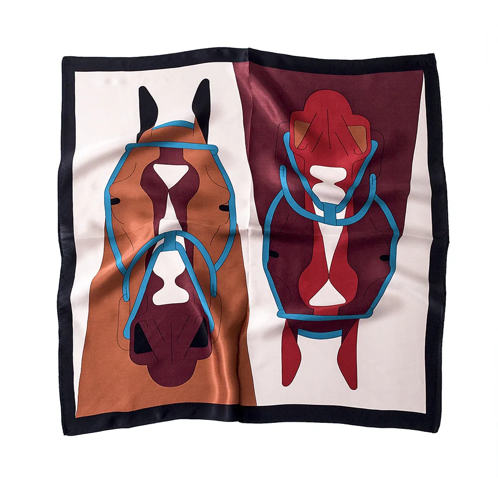 New Korean Style Custom Horse Printed Small Square Summer Voile Twill 100% Silk satin Scarves For Ladies