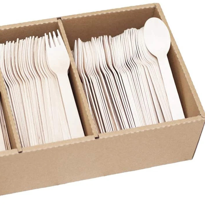 300 pcs disposable wooden cutlery sets wooden utensils wooden cutlery in paper box with sectional tray