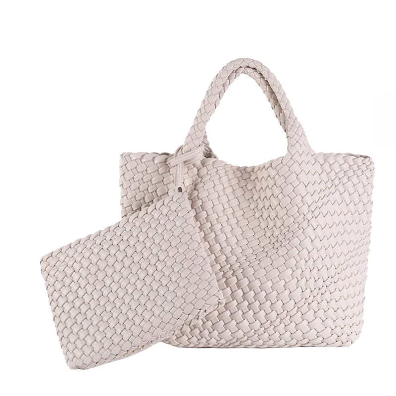 Ready to Ship Woven Tote Bag Soft PU Leather Weave Handbag in Solid Color Pure Handmade Woven Tote Bag with Mtached Weave Purse