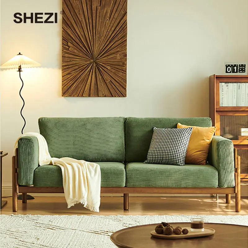 SHEZI Cherry Wood Solid Wood Sofa Nordic Japanese Simple Small Unit Living Room Corduroy Sofa Full Set Removable and Washable