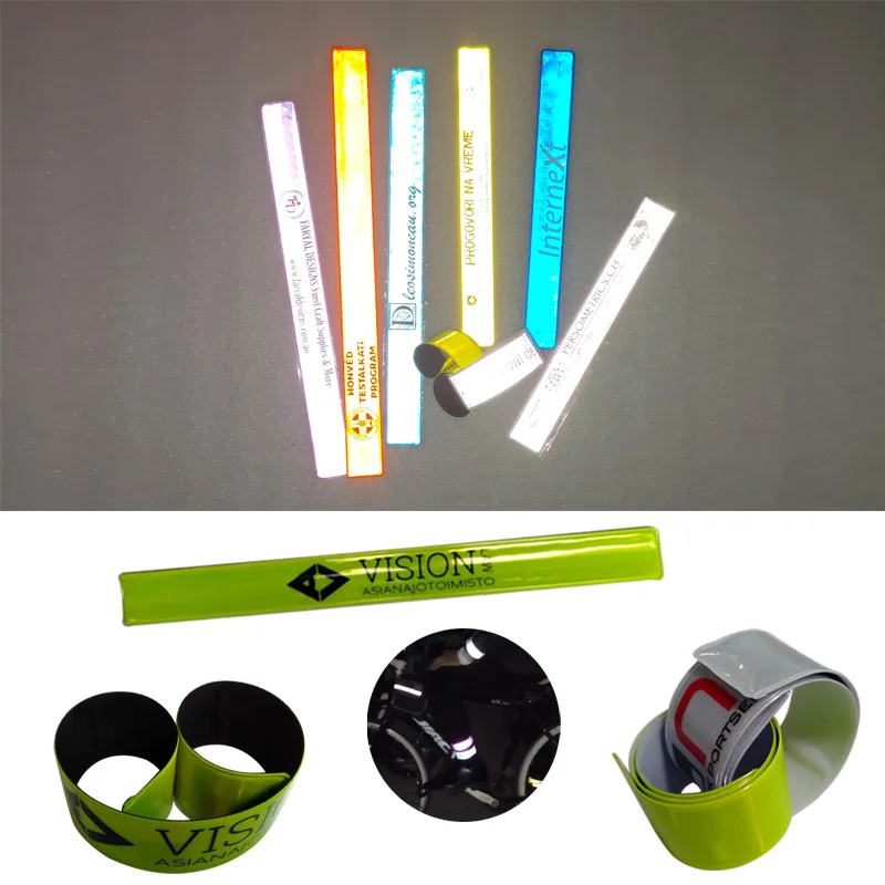 high visibility advertising gifts pvc snap on armband reflective slap band rulers printed wristband for cycling jogging walking