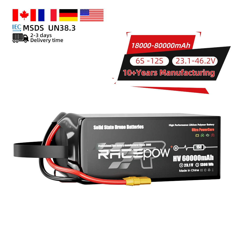 Racepow 320wh/kg semi solid state battery 6s 12s 56Ah 60Ah 74Ah High Density 60000mAh lipo battery For VTOL UAV Drone