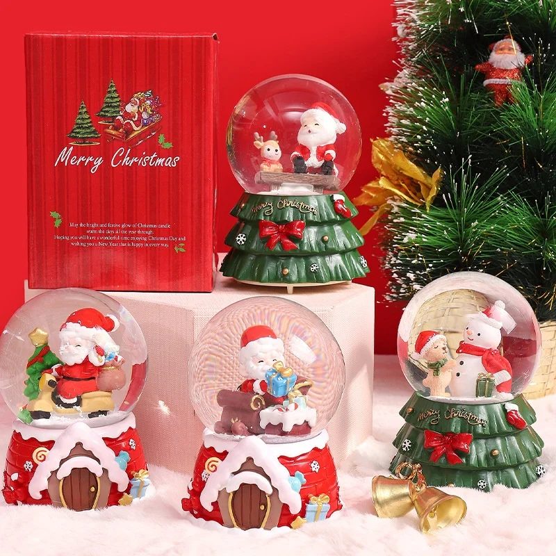Creative Christmas Crystal Ball Music Box Resin Snowflake Water Luminous Glass Ball Snow Falling Christmas Decoration Wholesale