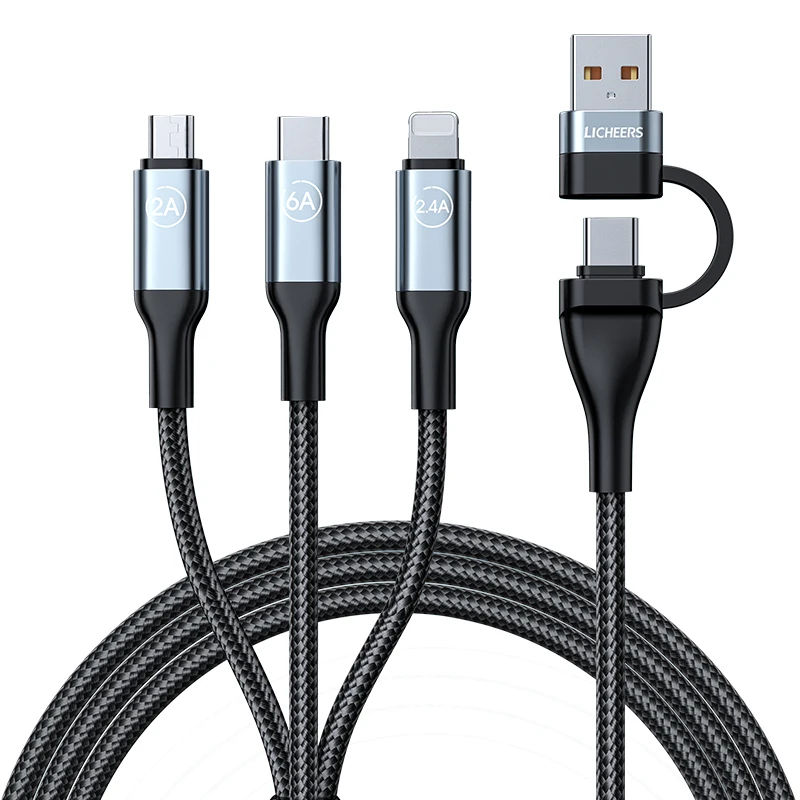 Licheers 2021 3 IN 1 USB Data Cable 1.8M 66W PD Type-C 6A 40W Quick Fast Charging Lighting/Micro/Type-C Cell Phone Cables