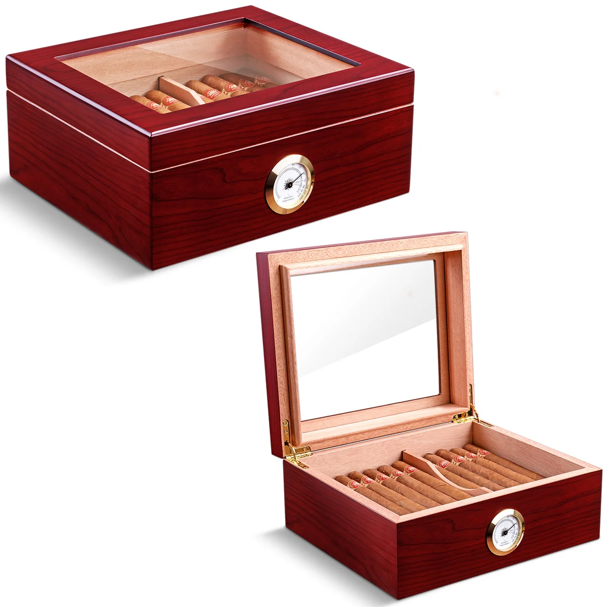 CIGARLOONG Cedar Wood Humidor with Built-in Hygrometer Box Humidifier, Piano Lacquer Cigar Humidor