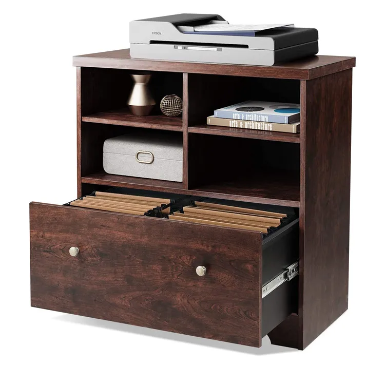 Dark brown vintage file cabinet adjustable one big drawer and open space filing cabinet movable