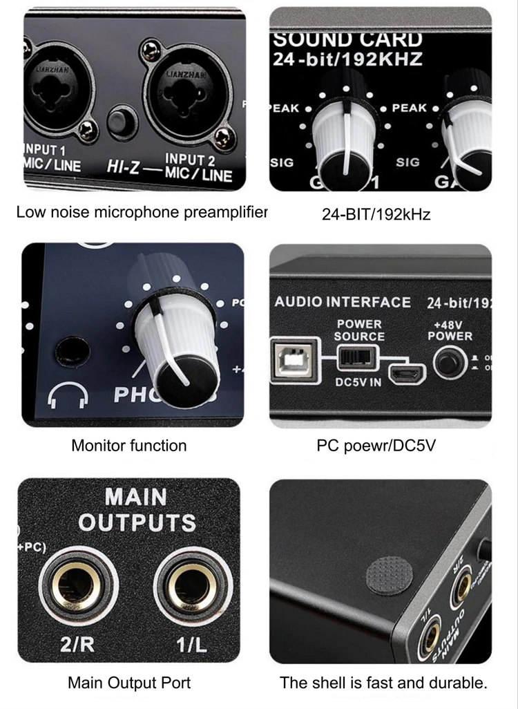 Q22 Studio Equipment for Recording Music Sound Card Interface Kits qith 2 XLR Microphone Port