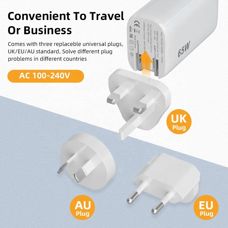 Hot Selling 65W GaN Type-c Charger Quick Charge QC3 Wall PD Charger 3 Ports Universal Wall Charger 20V Power Adapter