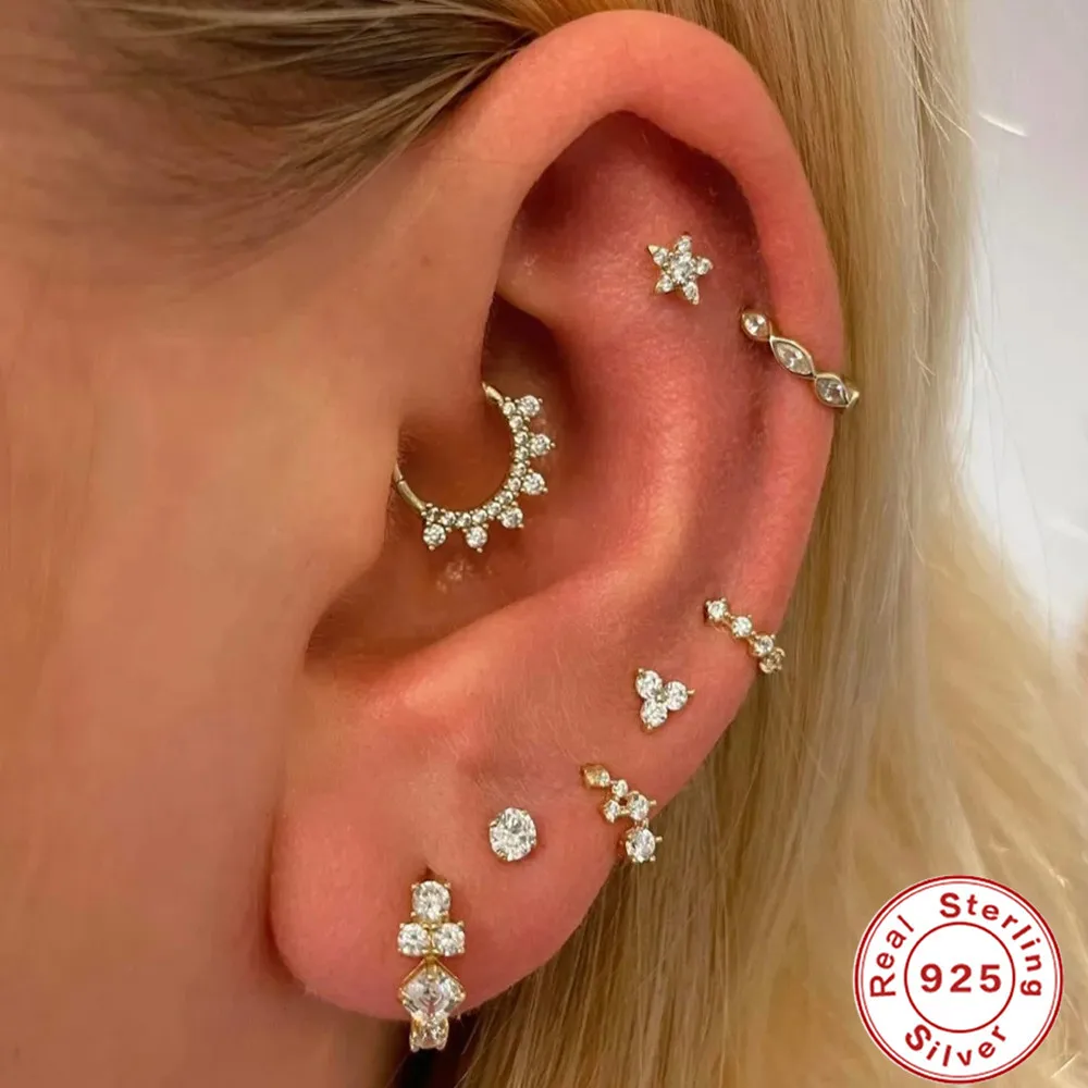 S925 Sterling Silver Gold Plated Cartilage Geometric Puncture Micro Inlaid Zirconia Leaf Hoop Earrings Zircon Circle Earring