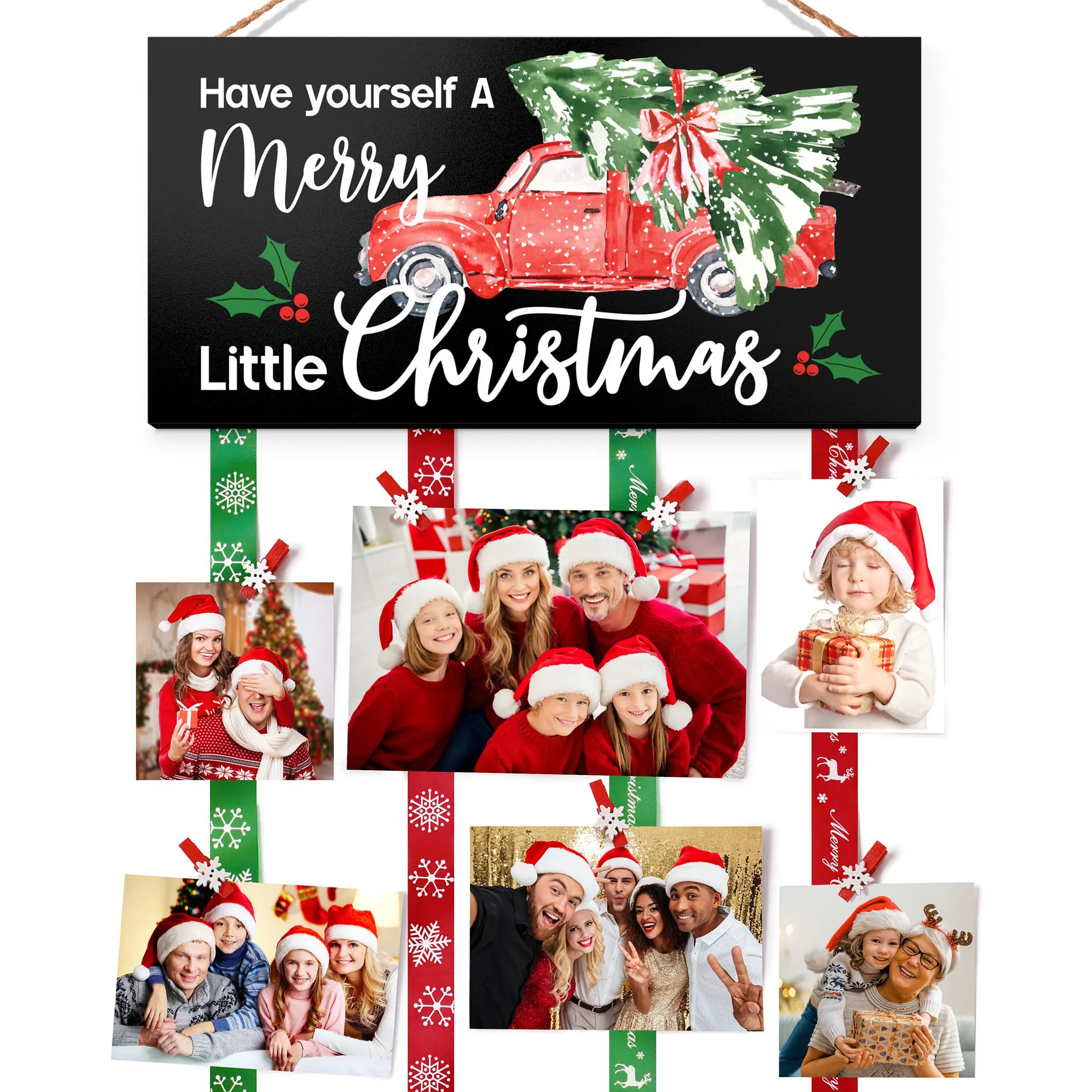 Christmas Card Holder Farmhouse Merry Christmas Sign Card Display Hanging Wood Sign Decor With 30 Photo Clips Photo Holder