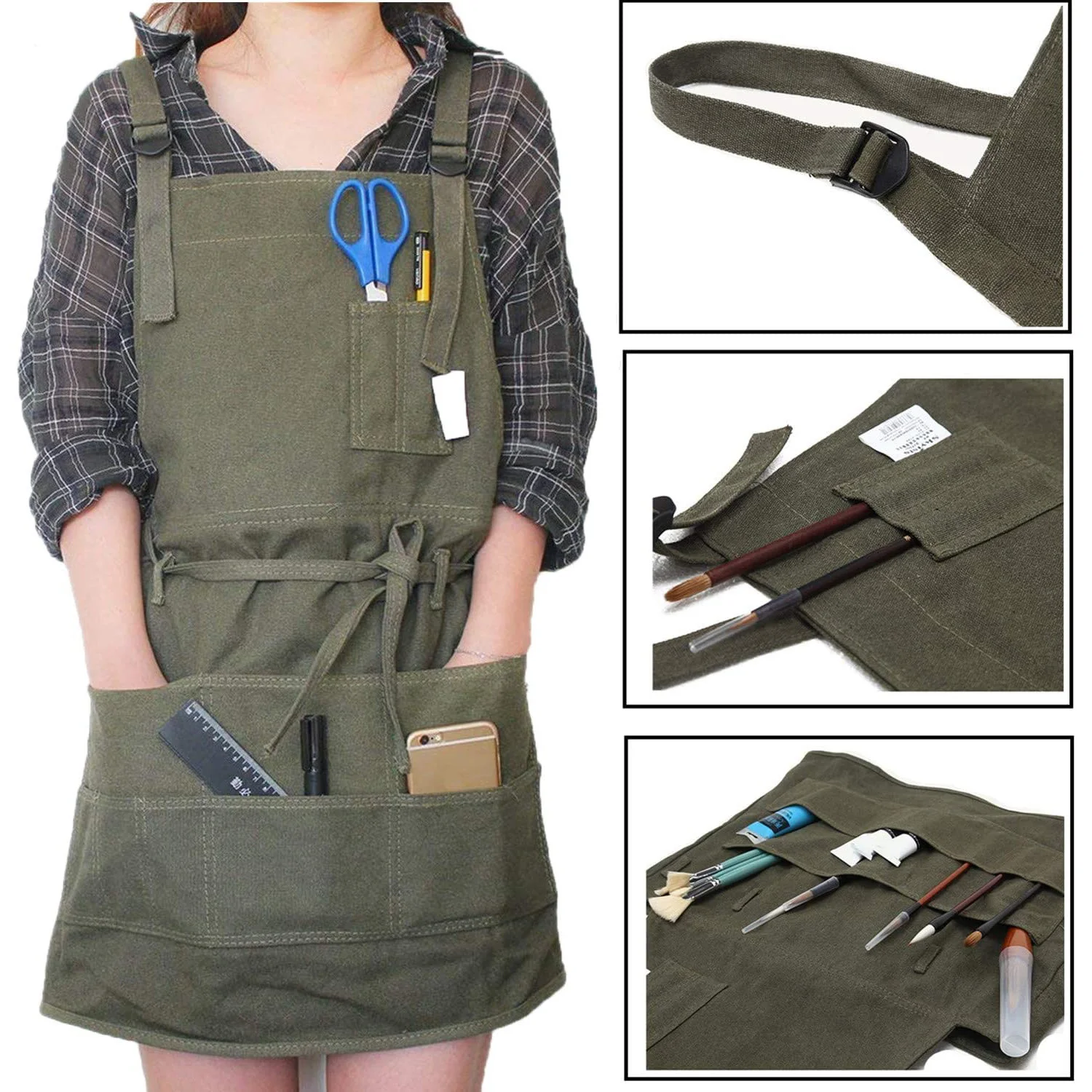 Canvas painting apron army green apron artist oil painting work gouache watercolor pinafore gardening apron