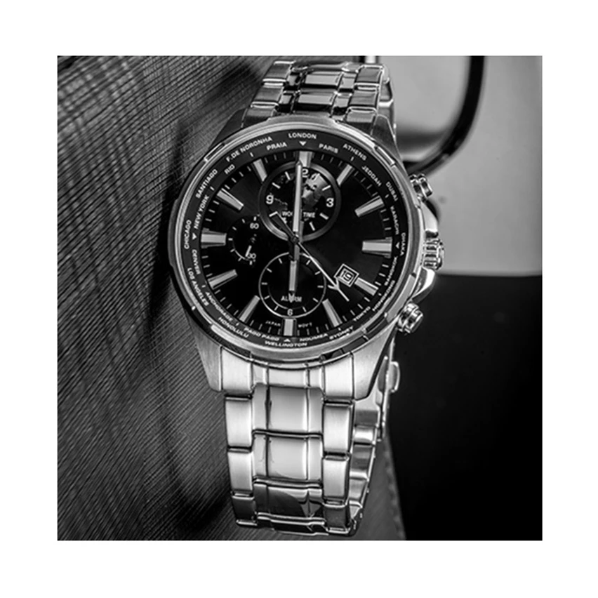 Popular stainless steel case calendar alarm GMT Japanese movement men waterproof quartz watch