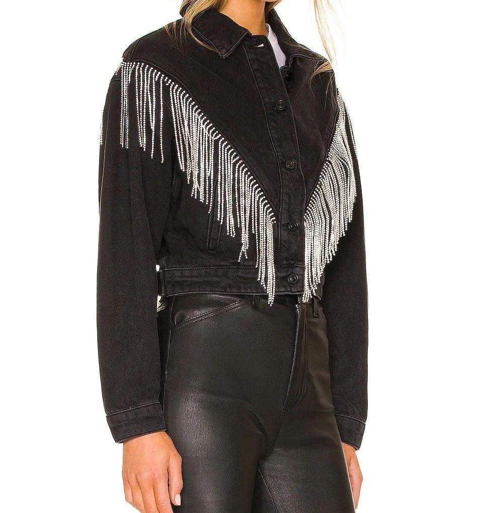 Bulk Wholesale Women Designer Jackets Rhinestone Fringe Tassel Formal Jean Jacket with Logo