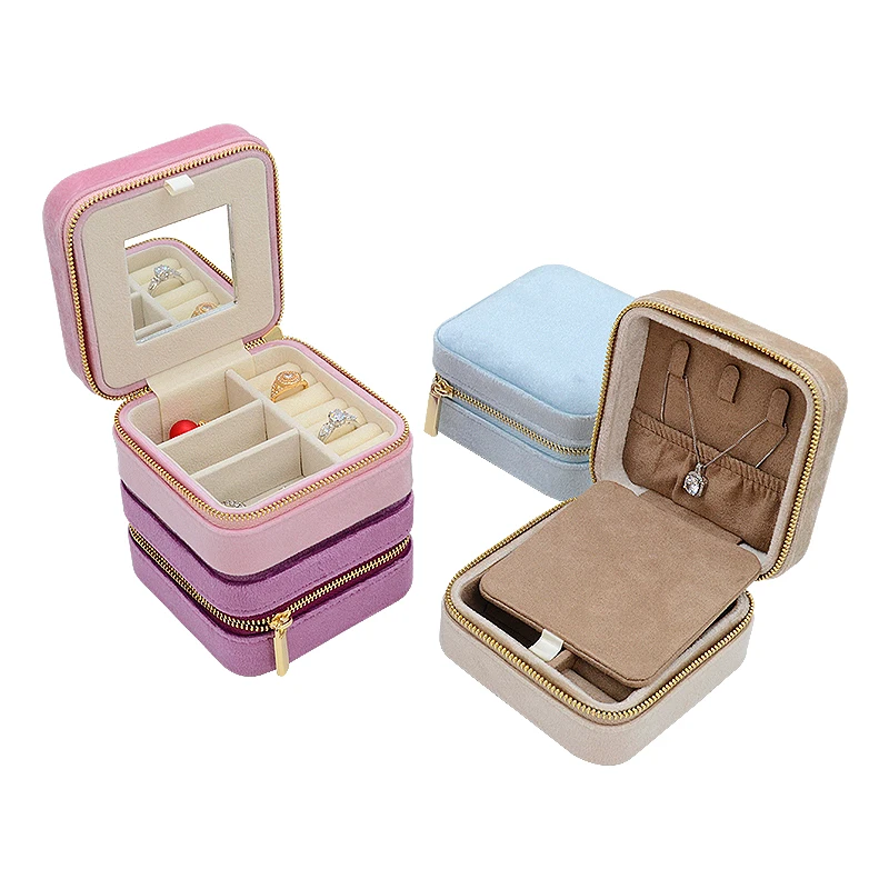 Wholesale Mirror Zipper Velvet Ring Necklace Lipstick Storage Display Luxury Jewelry Travel Box