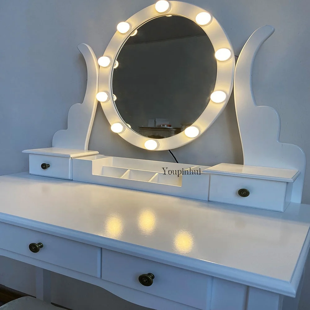 Newest design modern dresser and desk corner wooden furniture dressing table with LED Lights and stool tocador de maquillaje