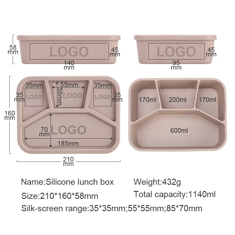 Eco Friendly Portable Big Capacity Lunch Box Container Silicone Bento 4 Compartment Lunch Box For Adult Offices