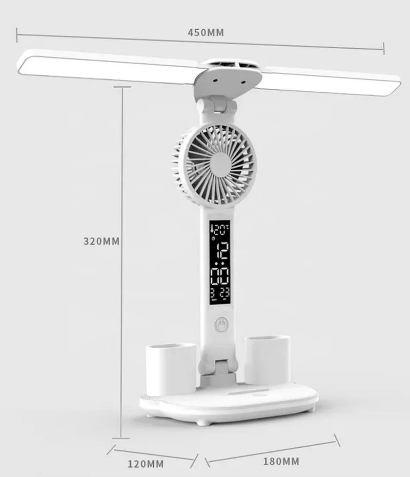Dual Head LED Desk Lamp With Calendar Clock And Fan Touch Control Table Lamp With Pen Holder For Bedroom Study Reading Lamp